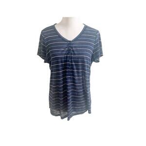 PAIGE Striped Linen Tee Navy Button Front Size Medium Beach Coastal
